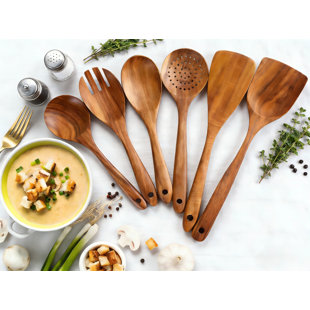 Ensemble de 6 cuillères et cuillères de service en bois pour ustensiles de cuisine antiadhésifs 6 pièces