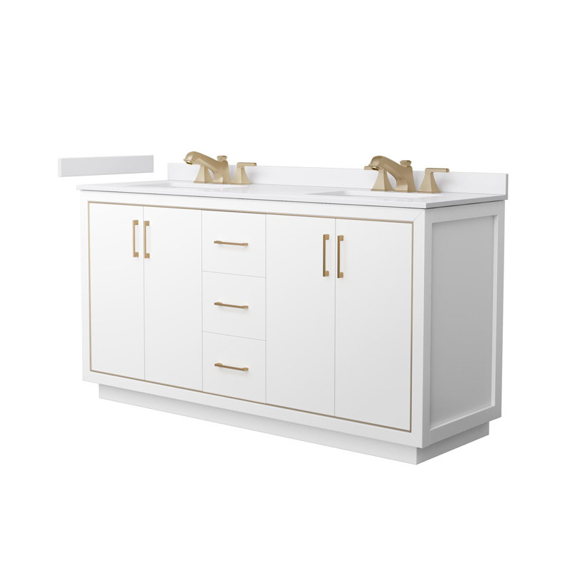 Icon 72" Freestanding Double Bathroom Vanity with Cultured Marble Top, White, Satin Bronze, 66"