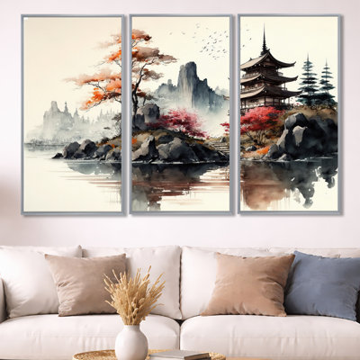 " Watercolor Japenese Landscape I " 3 - Pieces