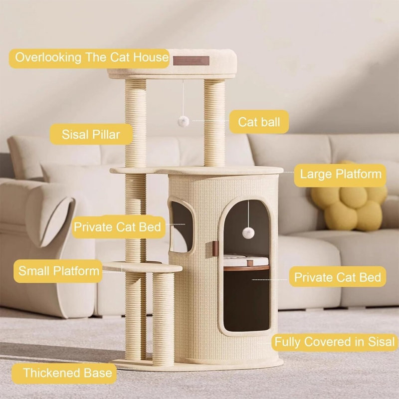 Arbre à chat, tour pour chat avec condos à double couche et boules suspendues interactives et poteaux à griffes en sisal pour une activité intérieure relaxante