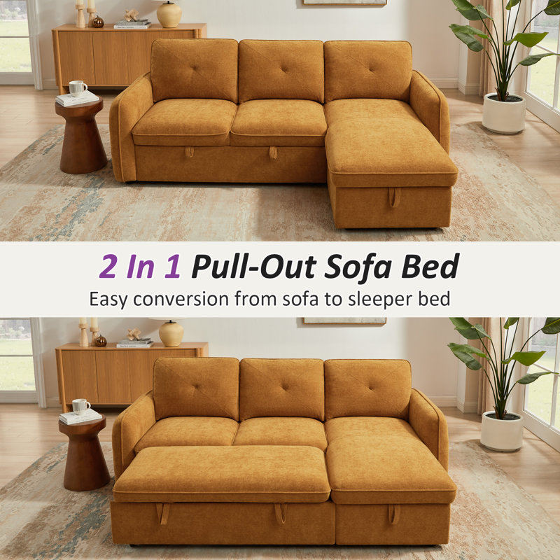 90.9'' L-Shaped Pull-Out Sofa Bed with Storage, Curry Polyester