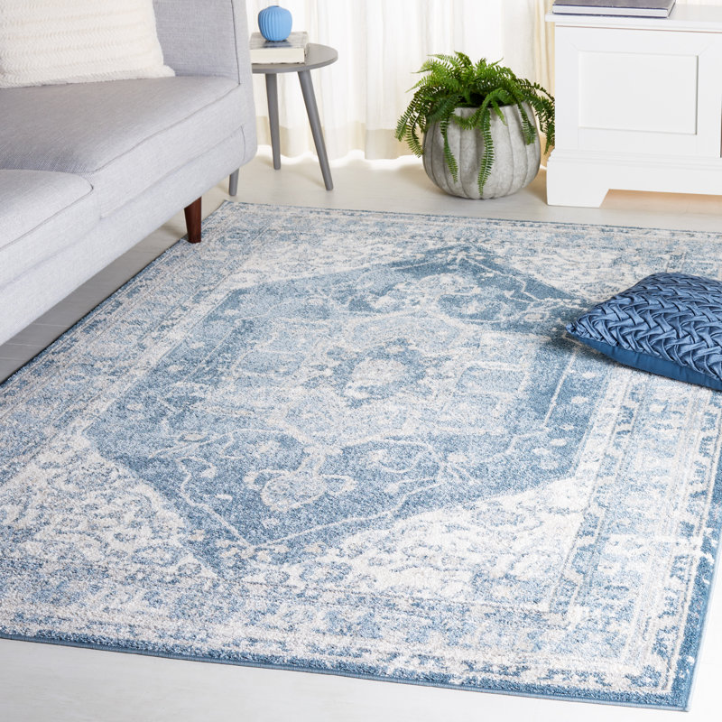 Lowrey Ivory Gray/Blue Rug, Rectangle 5'5" x 7'6"