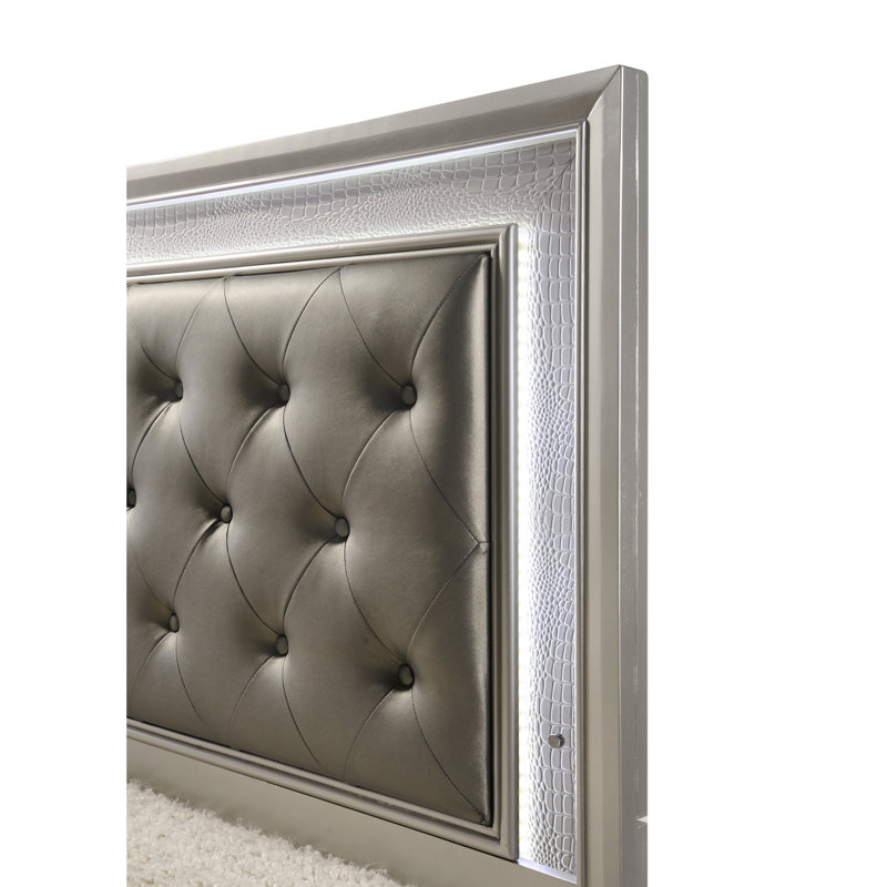 Beige & White Led Upholstered Bed With Crocodile Design Headboard And Storage Modern Full Size Texture Compartment