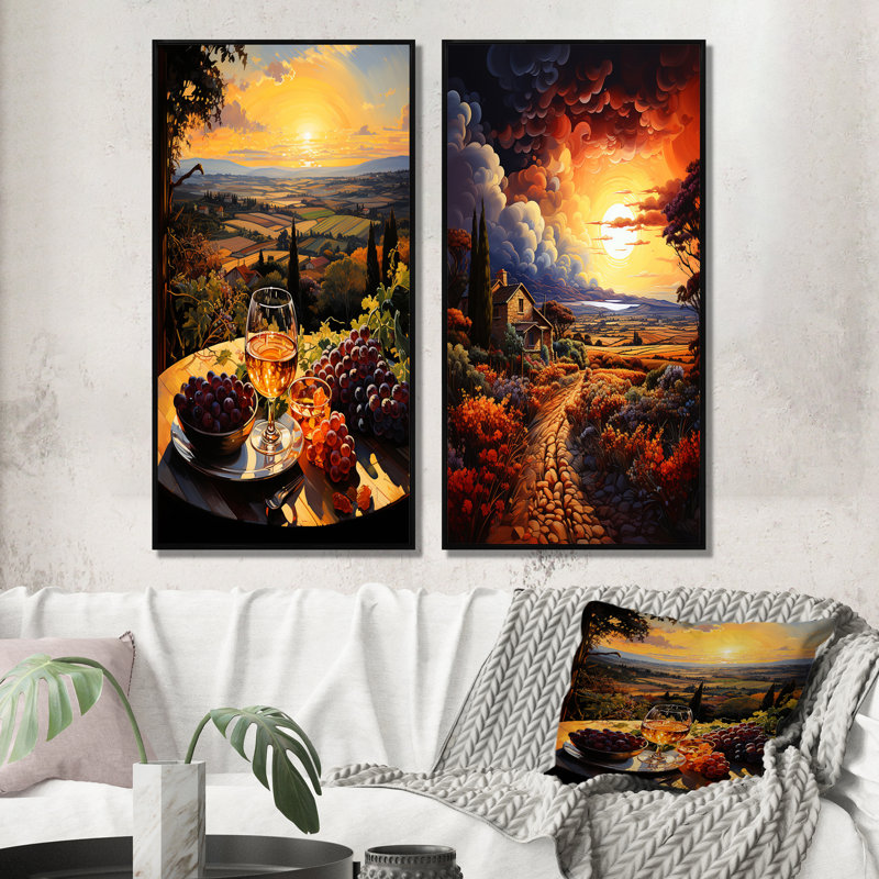 «French Vineyard Symphony Pointillism» «French Vineyard Symphony Pointillism» 2 - pièces sur, Cadre noir, H 40 po x l 40 po