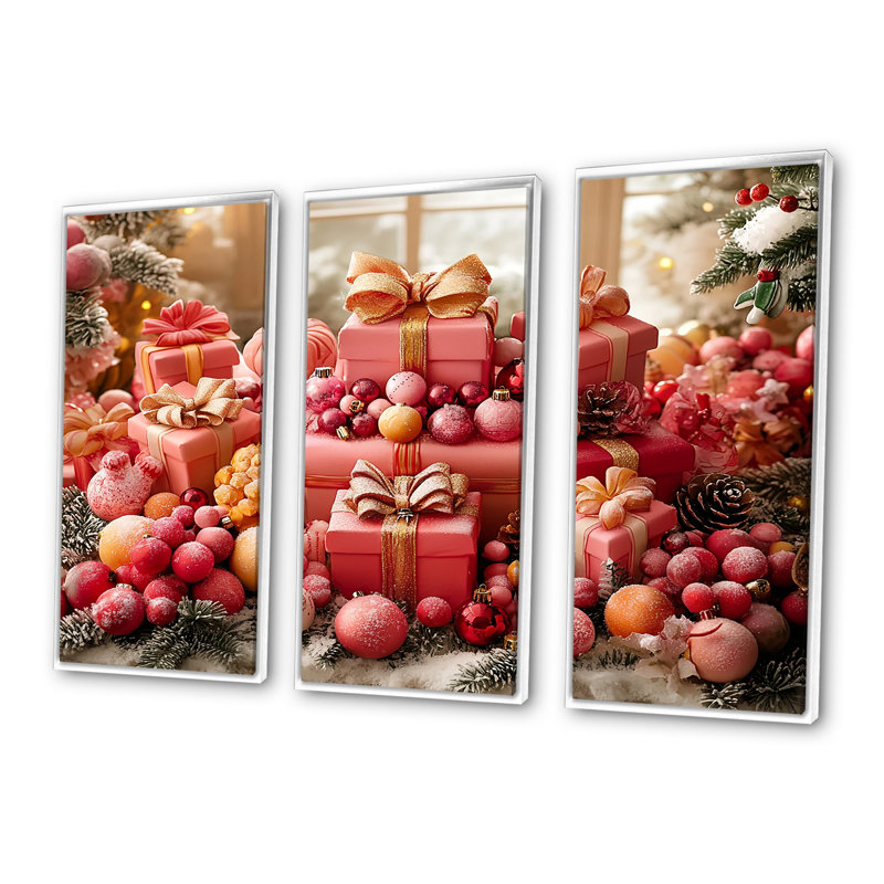 Rose et or, cadeau de Noël Palace - ensemble d'art mural de Noël, Toile encadrée flottée blanche, H 40 po x l 60 po x P 1 po
