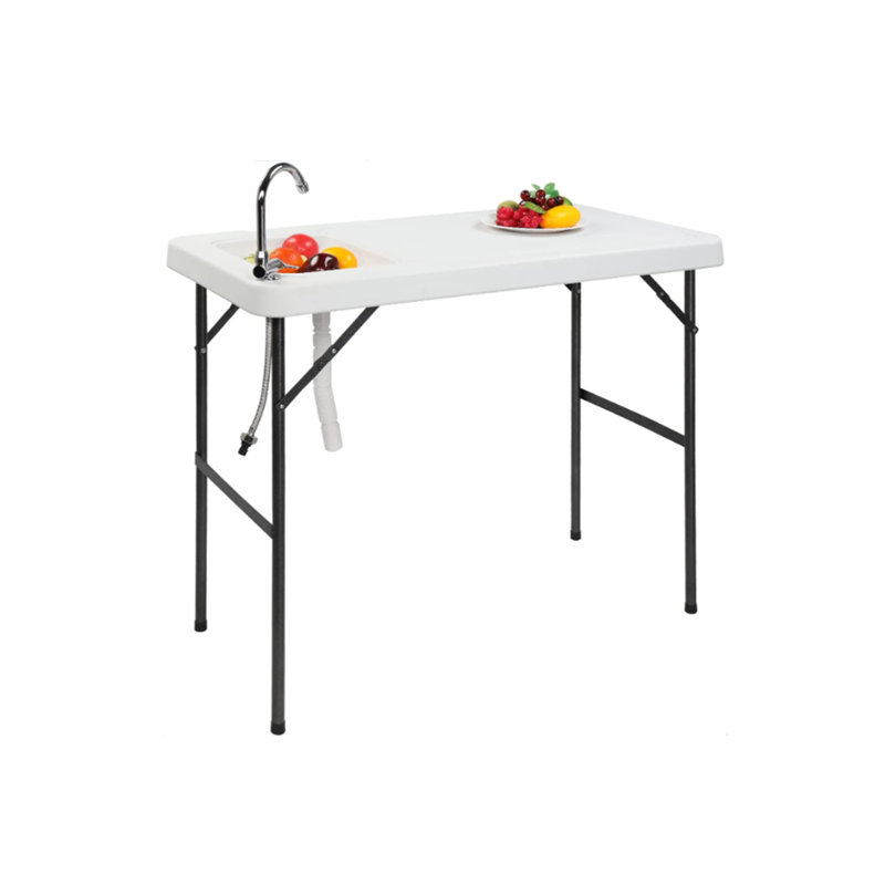 Table pliante portative 23 "37 * 45" avec évier pour la pêche en camping et la préparation des aliments, blanc