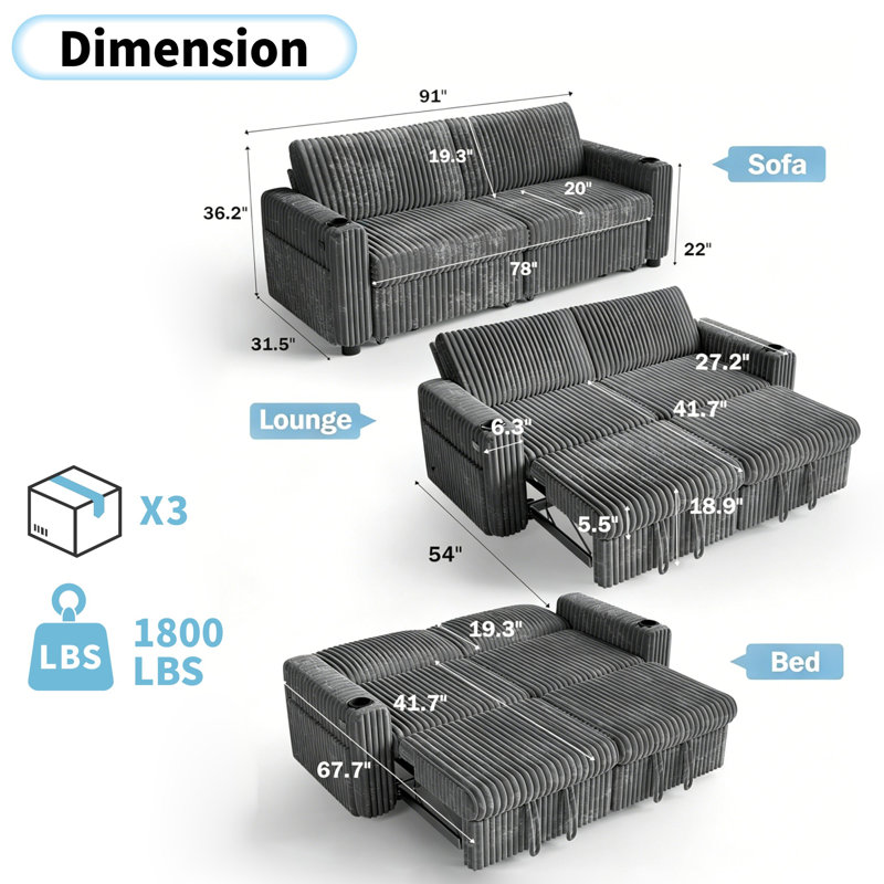 Canapé-lit modulaire en velours côtelé de 91 pouces avec dossier réglable, Grey Corduroy