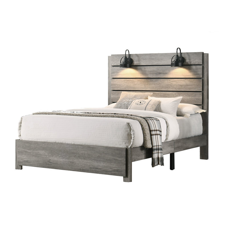 Ensemble de chambre à coucher avec lit plateforme Allamon, Gris, 6 pièces: lit, 2 tables de chevet, commode, miroi, Grand lit