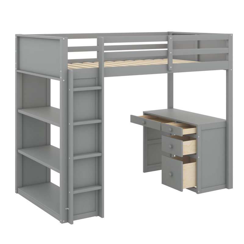 Sleek Loft Bed With Ladder & Shelves And Desk, Grey
