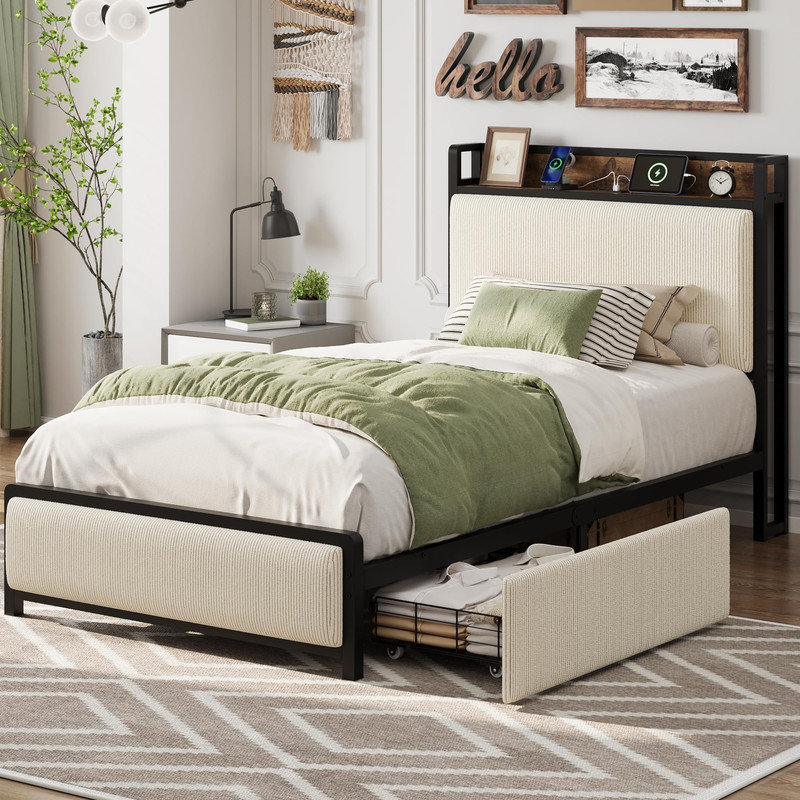 Twin-XL Storage Bed with Charging Headboard, Black Corduroy Upholstered Platform Bed Frame, 2 Rolling Drawers, USB Type-C Ports, No Box Spring Required
