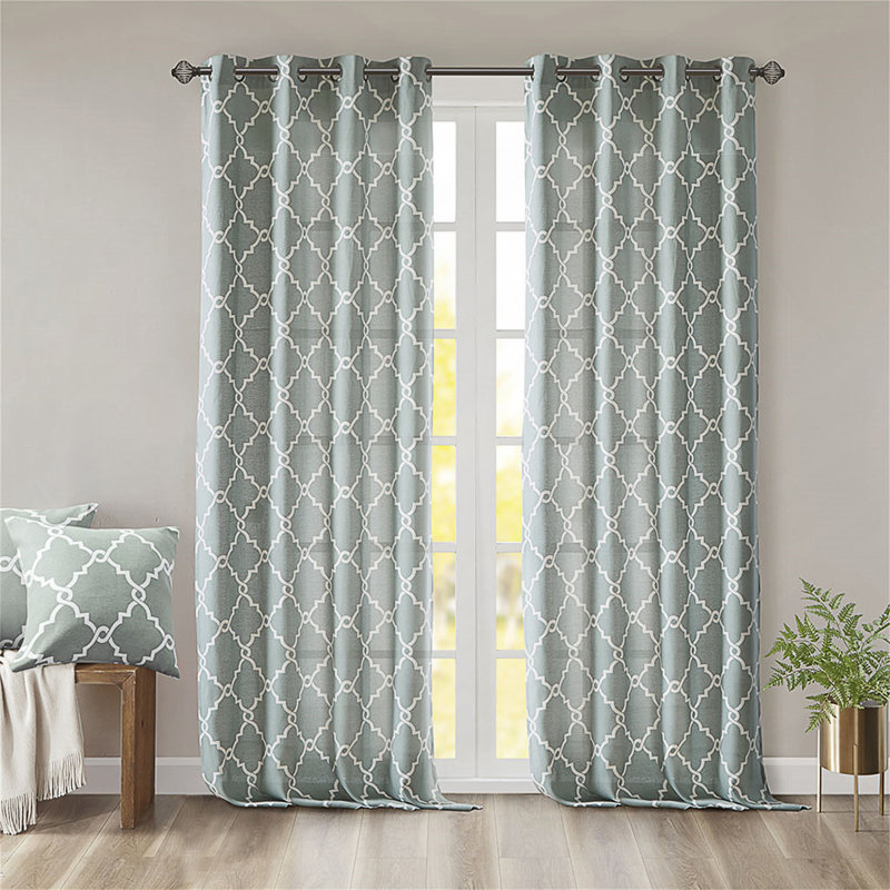 Geometric Fretwork Grommet Top Window Curtain Panel, 50" W  x 95" L, Seafoam/White