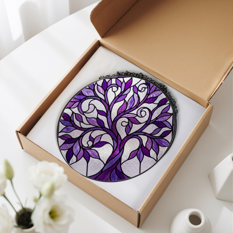 Panneau de vitrail d'arbre mauve 7,8 "H, H 7,8 po x l 7,8 po