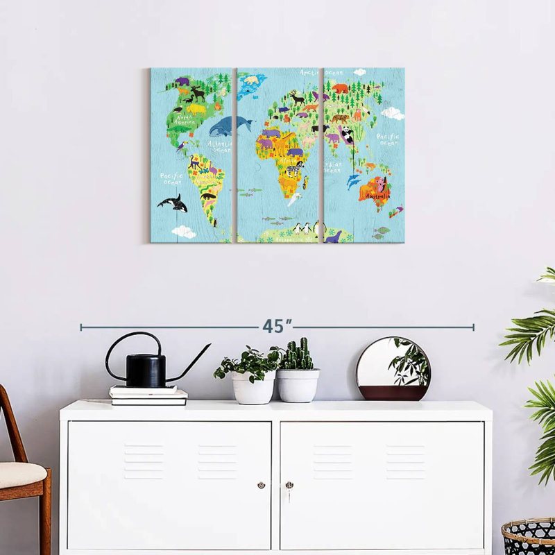 Carte du monde domestique, ensemble de 3 pièces sur toile par SweetTeachings, H 20 po x l 33 po x P 1,25 po