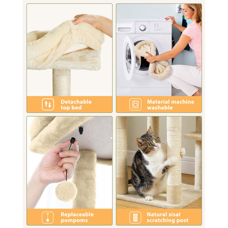 Beige Multi-Level Cat Tree Tower with Hammock and Scratching Posts