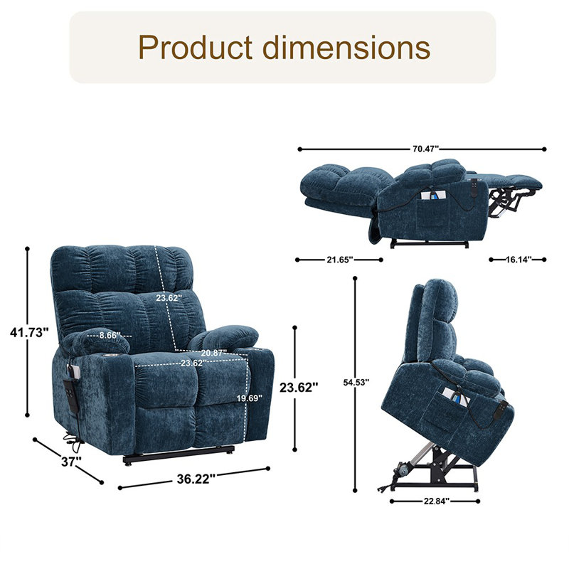 Fauteuil inclinable Power Lift avec chauffage et massage, télécommande, 2 porte-gobelets et 2 poches latérales, Blue Fabric