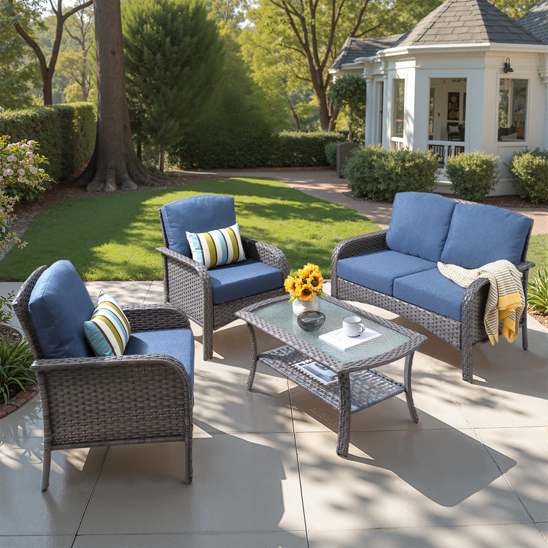 Jordanlee 4 Piece Rattan Wicker Sofa Seating Group with Cushions with Coffee Table and Armchairs, Gray, Blue