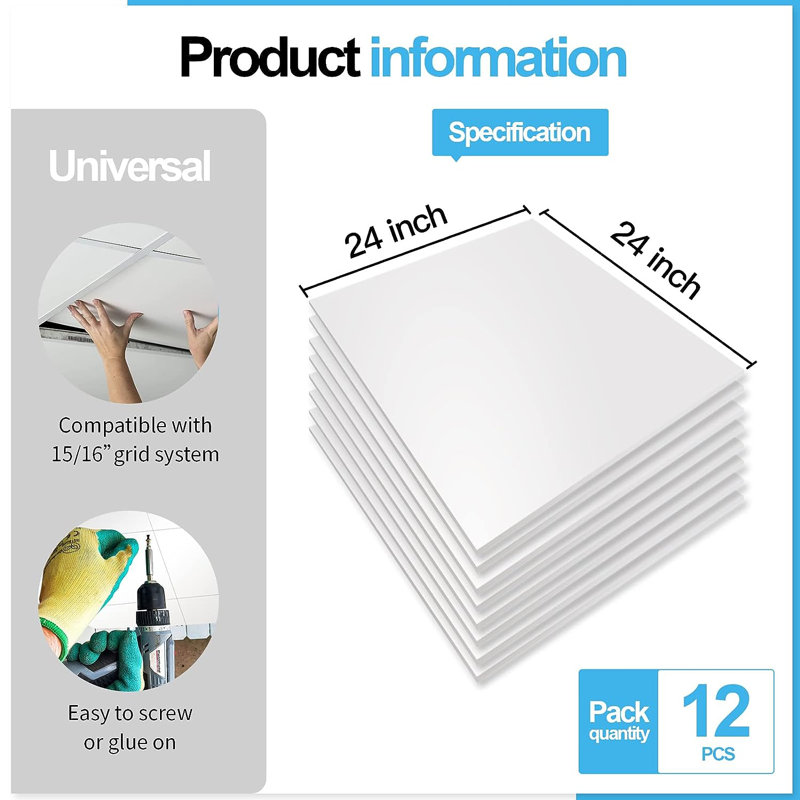 12 tuiles de plafond en PVC 2 pi x 2 pi, panneau mural carré lisse (48 pi. Ca.), Blanc