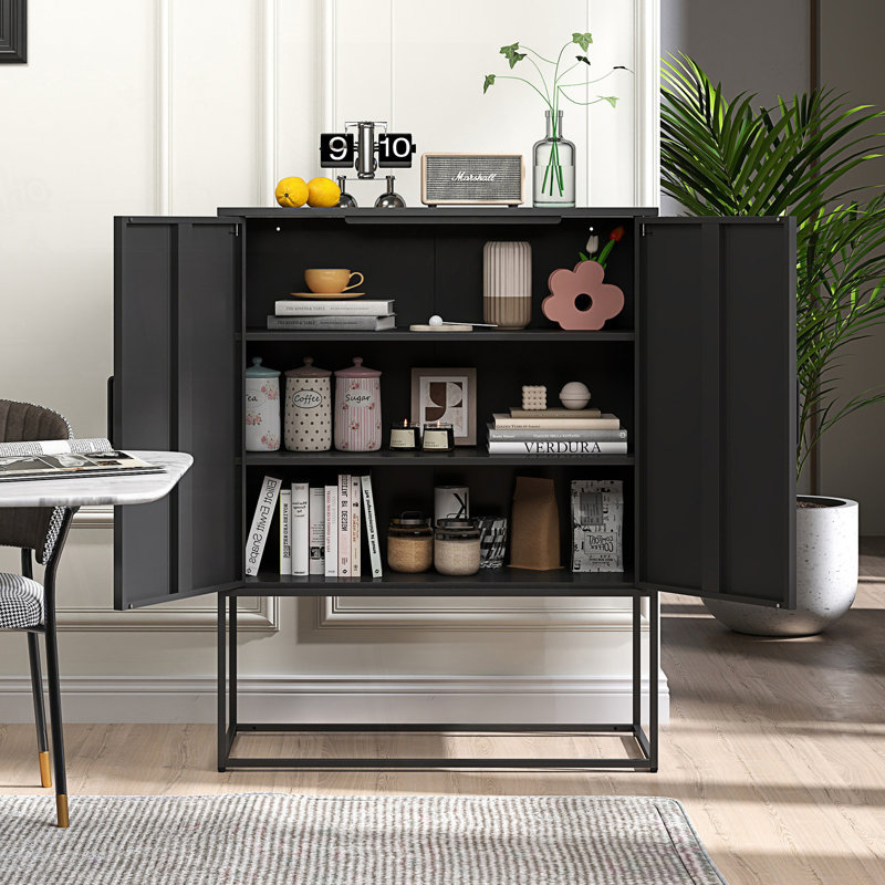 Buffet en métal, armoire de rangement moderne avec 2 tablettes, armoire d'appoint autoportante, Noir