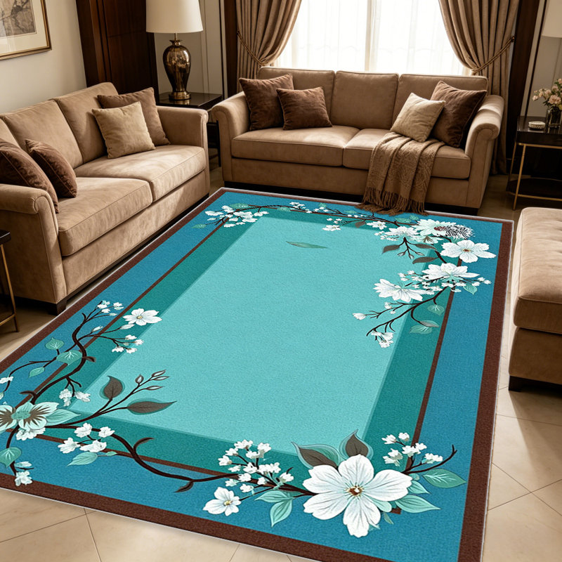 Teal Blue Blossom Frame   area rugs for Living Room, Soft and Comfortable, Suitable for all seasons, easy to maintain, machine washable Indoor floor mat, Under Table Farmhouse suitable for Bedroom, Dining Room, Study,  Balcony, Home Decor Patio