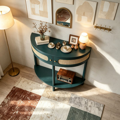 Unique Half-Moon Console Table with Rattan Storage