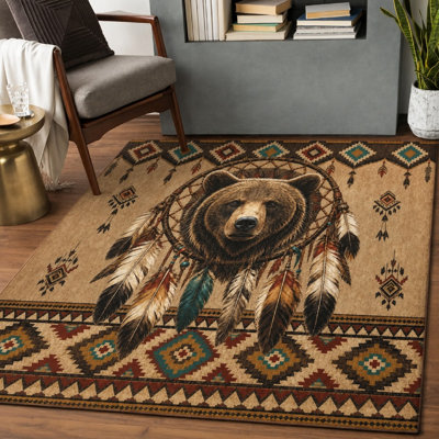 1pièce à motif d'ours américain attrapeur de rêves - bordure géométrique tribale, style chalet rustique, lavable et durable, grand tapis de sol, envers antidérapant, idéal pour le salon, la chambre à coucher, le coin-détente à l'intérieur pour