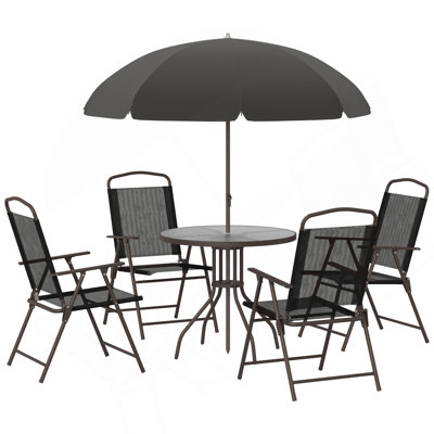 Ensemble de salle à manger de patio 6 pièces pour 4 personnes avec parasol, table d'extérieur et 4 chaises pliantes et table ronde en verre Outsunny pour le jardin, la cour et la piscine, noir
