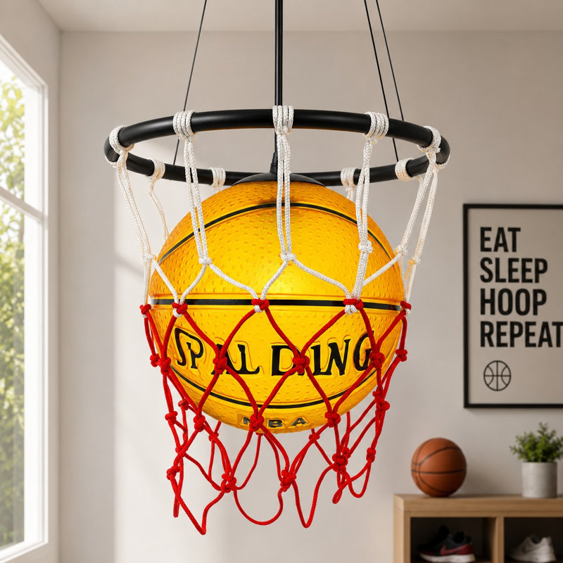 12.6" Basketball Pendant Light, Sports-Themed Glass Hanging Ceiling Light for Kids Bedroom, Game Room & Playroom