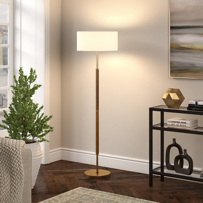Lampe sur pied 62 tons à deux tons abat-jour tambour en chêne rustique nickel poli Olie, Chêne rustique / laiton