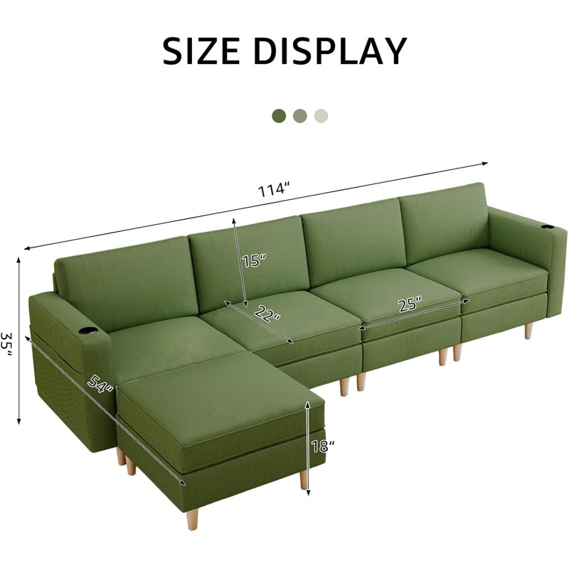 Canapé modulaire rembourré 5 pièces Whaleyville, Velours vert