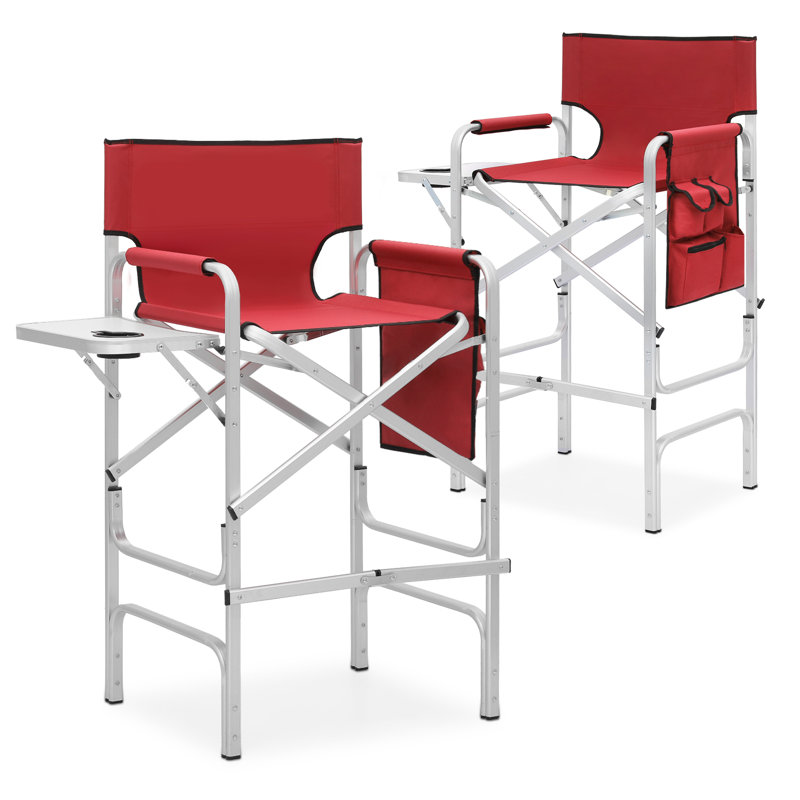 31" Seat Height Tall Directors Camping Chairs, Foldable Makeup Chairs With Cup Holder & Side Table, 250 Lbs Capacity, Red