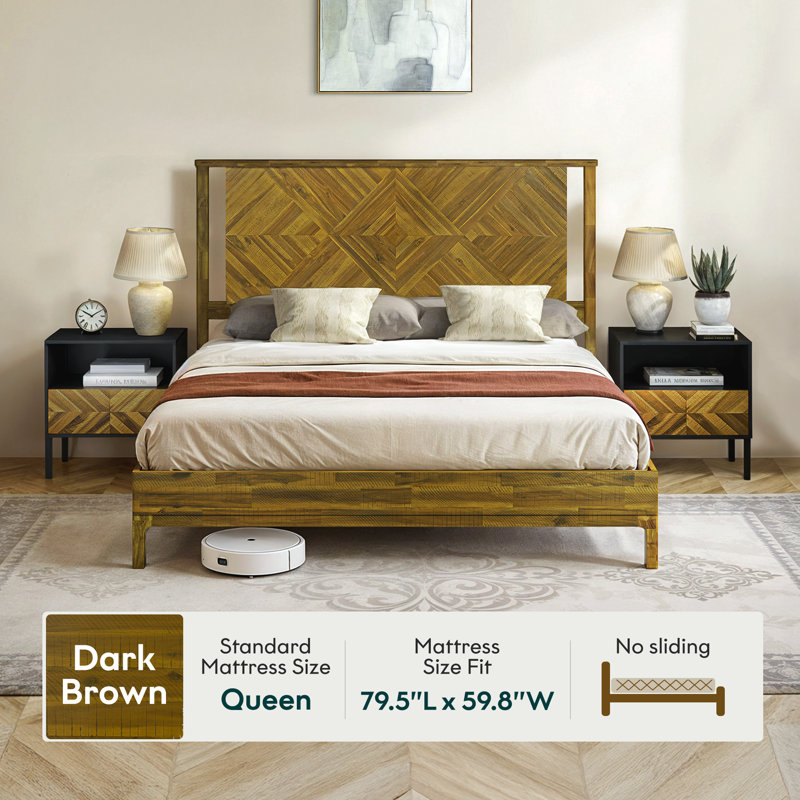 Ethan Solid Wood Platform Bed with Headboard, Rustic Bed Frame, Rustic Brown, Queen