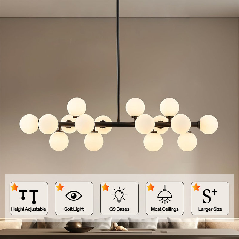 16-Light Mid Century Modern Chandelier: 40" Black Linear Sputnik Chandeliers - Milk White Glass Globe Dining Room Light Fixture - Long Modern Pendant Chandelier for Living Room Kitchen Island Table