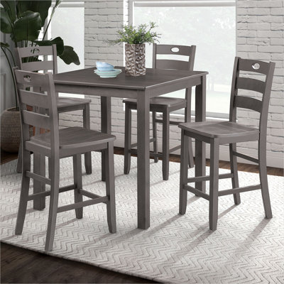 Ensemble de salle à manger 5 pièces à hauteur de comptoir avec dossier à lattes, table carrée, style transitionnel, bois massif gris classique
