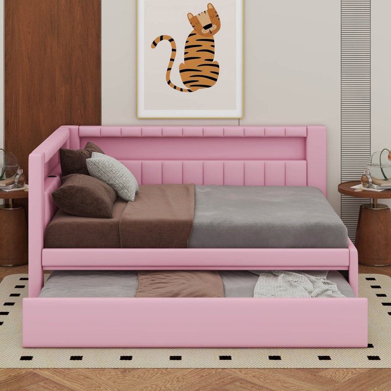 Upholstered Platform Bed With USB Ports, LED Belt, Full, Pink