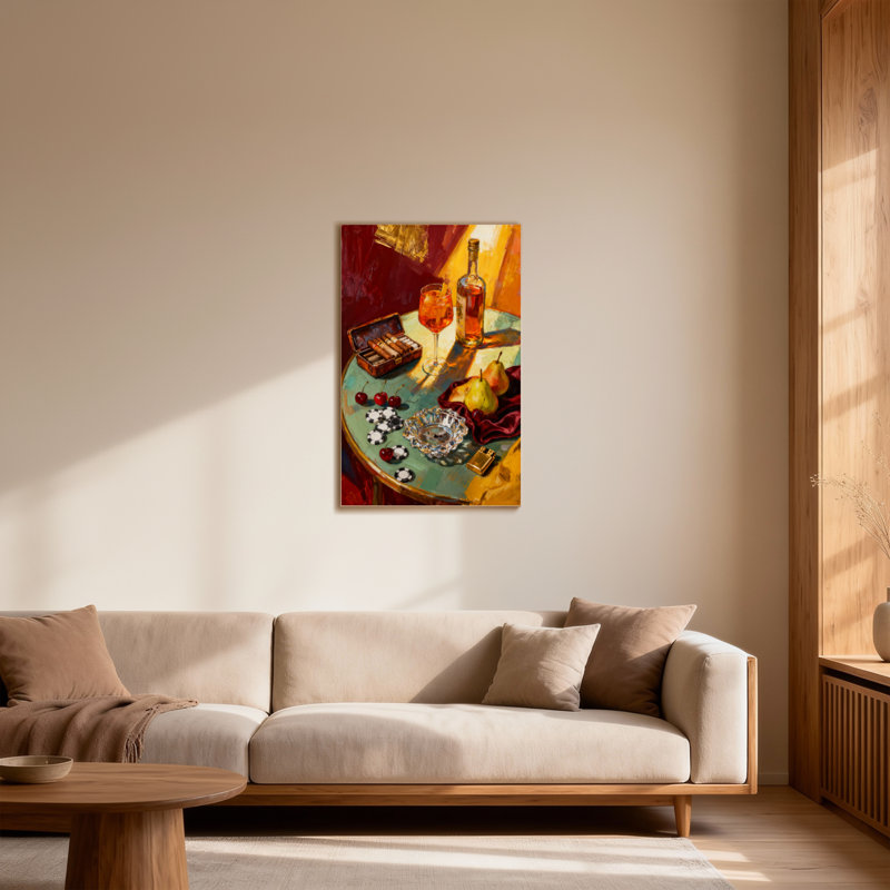 Mode nature morte avec des fruits et des boissons, H 30 po x l 20 po