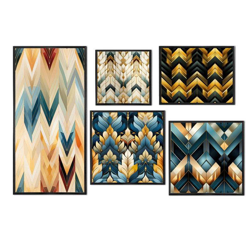 Prudhoe - Chevron Canvas Wall Art Set Of 5, Black Floater Framed