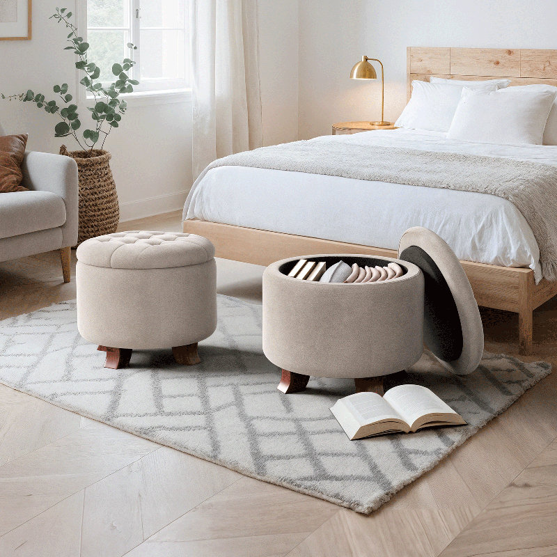 Upholstered Storage Ottoman Bench, Tufted Ottoman Footrest Round Footstool Foot Rest for Living Room, Beige