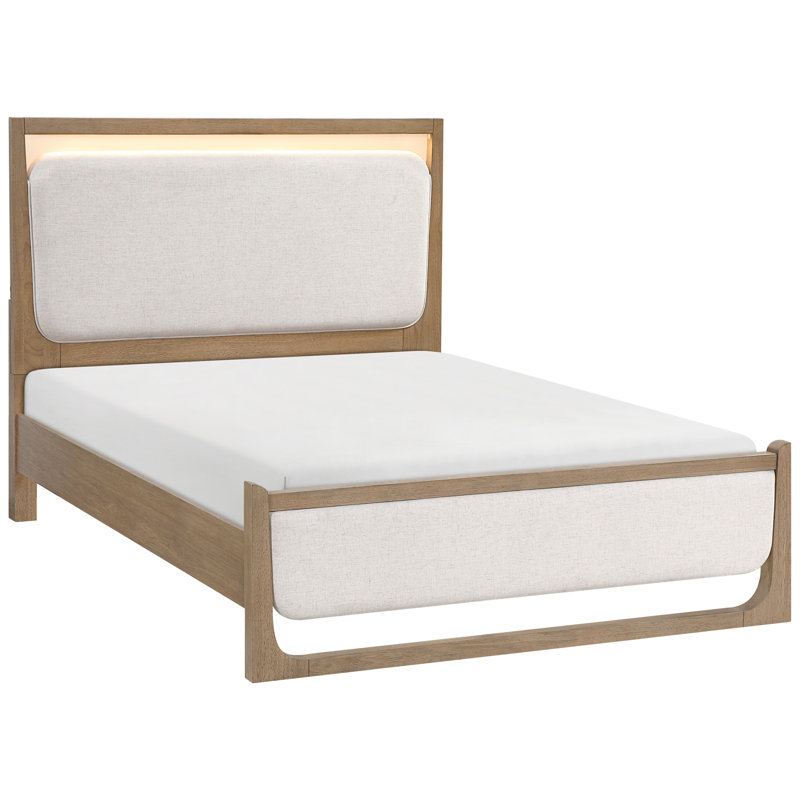 Grand lit moderne tapissier brun avec éclairage à DEL et coin lecture brun avec revêtement texturé et éclairage, bois
