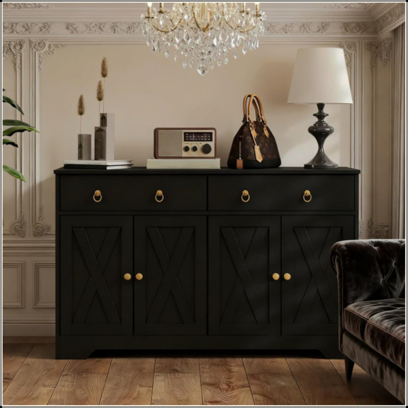 Buffet de rangement de cuisine avec portes de style grange et armoire à tiroirs, Noir