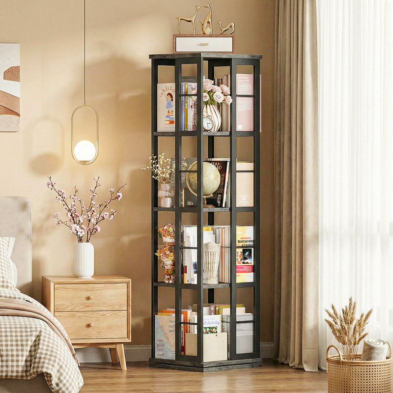 360° Rotating Bookcase, Storage And Display Spinning Corner Bookshelf For Home Office And Living Room, Gray