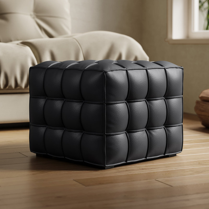 18" Wide Square Cube Ottoman - Genuine Leather Foot Rest Footstool, Modern Minimalist Sofa Stool for Living Room Bedroom Entryway