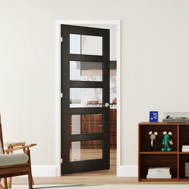 Porte intérieure française pré-montée double en verre transparent de style moderne 5 Lite, cadre réglable, bois massif noir et bois manufacturé avec cadre et poignée (ensemble de 2)