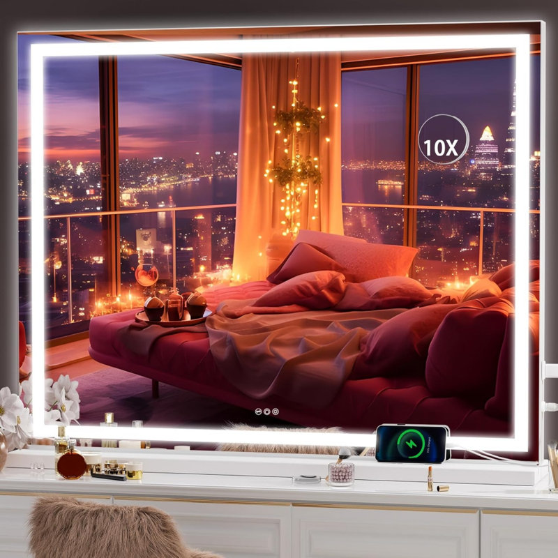Miroir de salle de bain 40 po x 30 po à DEL avec 3 modes de couleurs à intensité variable, commande à écran tactile, fixation murale ou de table, finition blanche