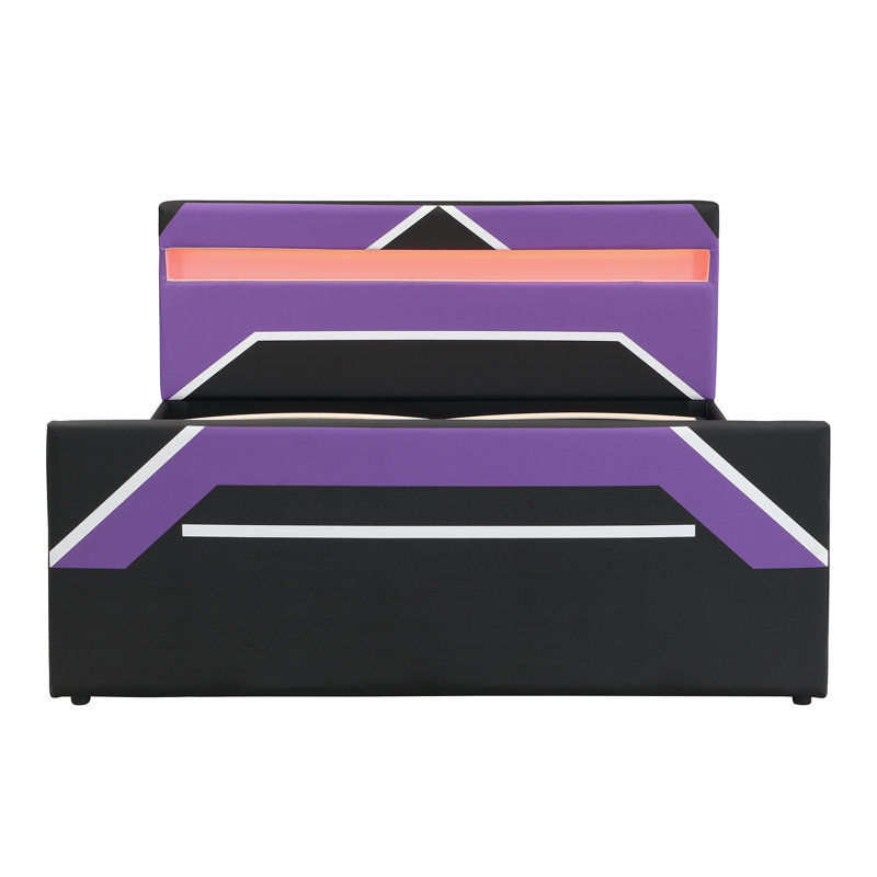 Cadre de lit pour grand lit avec tête de lit à DEL 7 couleurs, lit plateforme avec rangement hydraulique à levage latéral, style Cyberpunk, noir et mauve