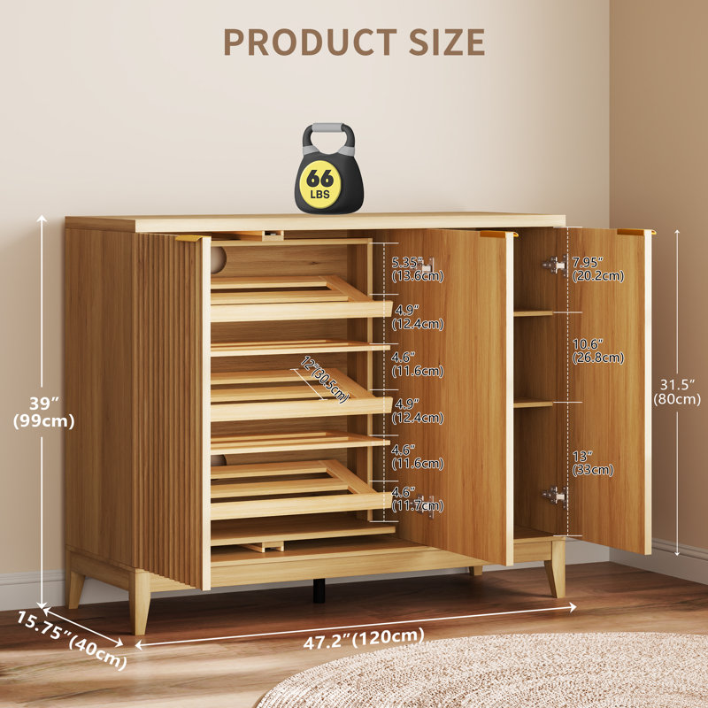 47.3" W 5-Tier Shoe Cabinet With 360°Rotating Shoe Rack And Adjustable Shelves, Freestanding Shoe Storage Cabinet, Oak
