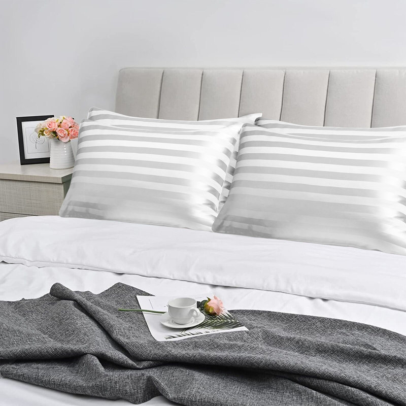 Pack of 2 Silky Soft Satin Striped Microfiber Pillow Covers - Luxury Look, Easy Care, Standard Size, White