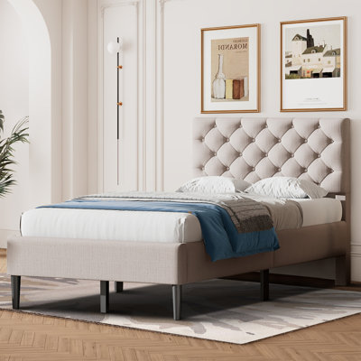 Iviannah Twin Size Linen Upholstered Platform Bed with Tufted Button Decorated Headboard -  Winston Porter, 91D9445D579140C6B2D556AAA80C35DD