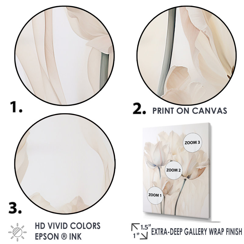 «Minimalisme beige tulipes symphonie I sur toile», Cadre simple argenté, H 32 po x l 24 po x P 1 po