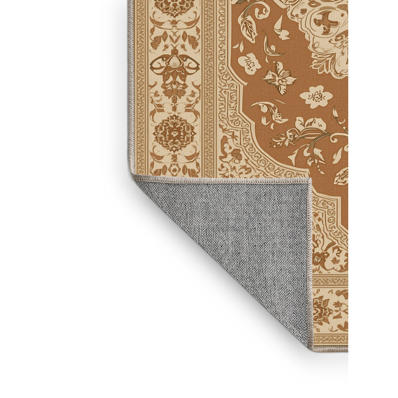 Machine Washable Paizlea Traditional Floral Rug in Brown – Beige Binding, 8' Round