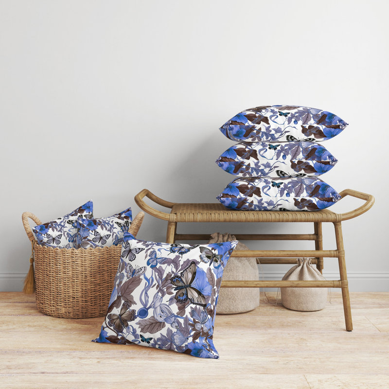 Coussin décoratif intérieur / extérieur Butterfly Haven, H 26 po x l 26 po, Bleu/brun